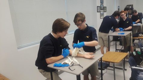 Sophomores Aaron McGinn and Connor Hastcoat follow a procedure to control bleeding in the arm.
