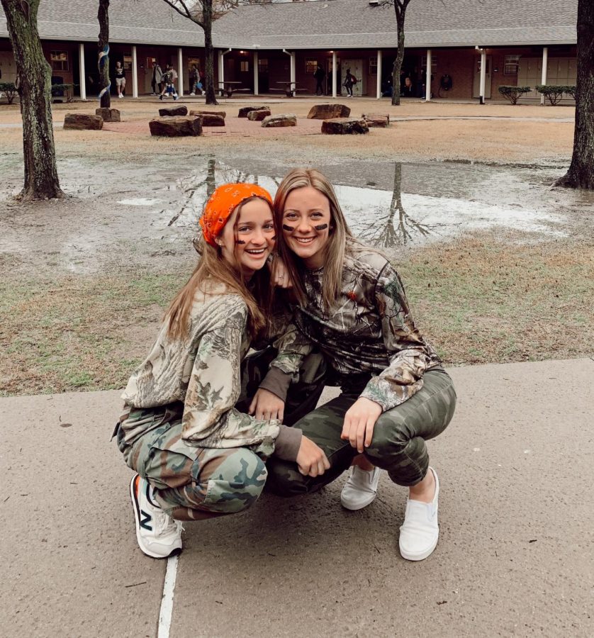 Sophomores, Kate Graesser and Lizzie Smith ready for Camo vs Tiedye Day. 