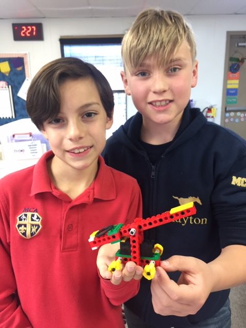 Fourth graders, Dusty Thibodeaux and Wheeler Clayton with their lego catapult