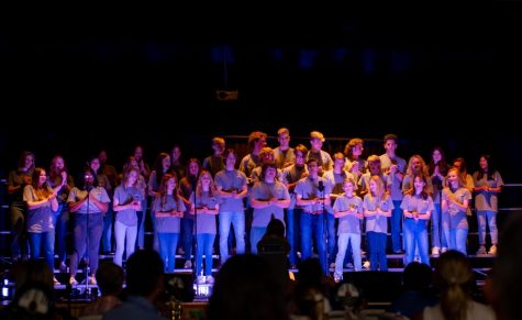 Upper School ensemble and choir and Middle School choir sing together.