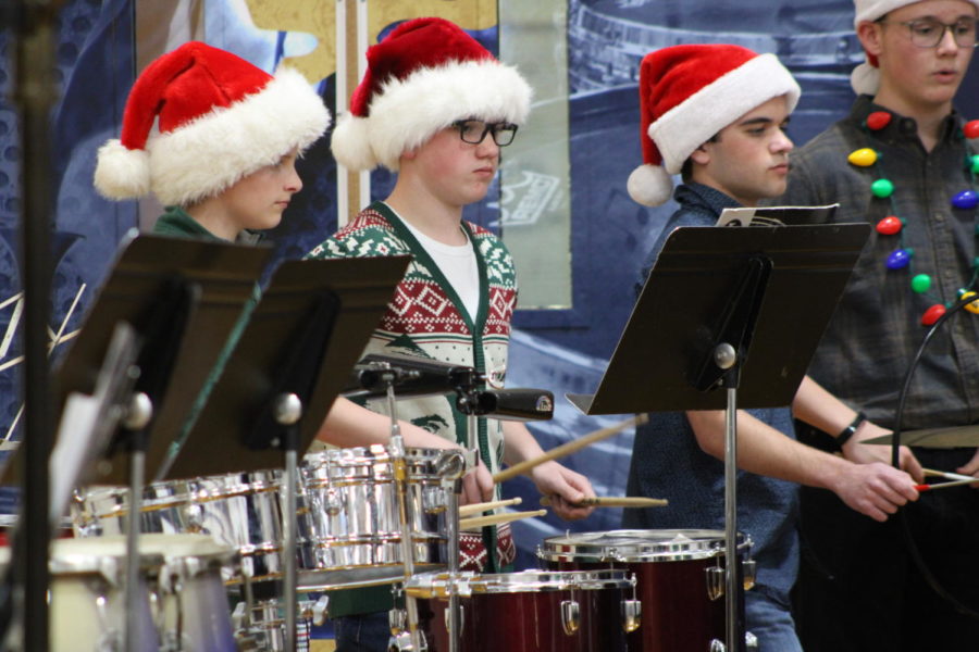 Middle and Upper School drumline perform during the concert concert. 