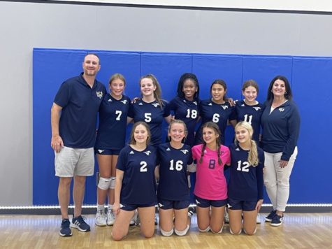 The Middle School volleyball D1 team takes a picture after their big win against Parish. 