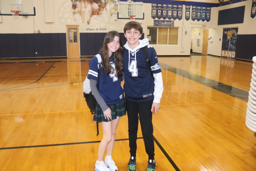 Freshman Mary LeBlanc and Jaxon Dover-Smith on Twinday after lunch. 