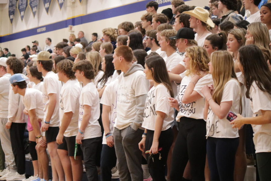 The Mustang student section showed out with the White Lies theme shirts. 