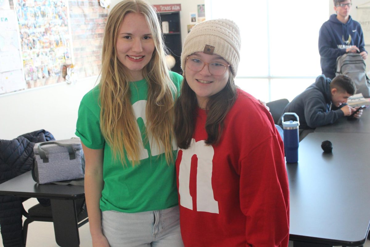 Ninth graders Carys Mejan and Addie Harmon dress up as m&ms for twin day.