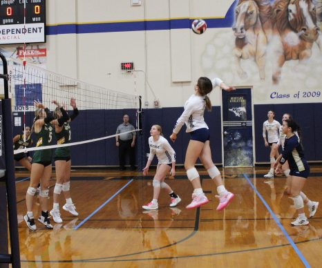 Freshman Brittany Bartoo goes up to hit the ball against Legacy Christian.