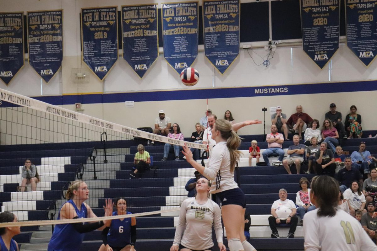 Junior Sadie Blake jumps up in the air to hit the ball.