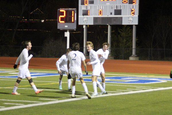 The Mustangs celebrate after scoring.