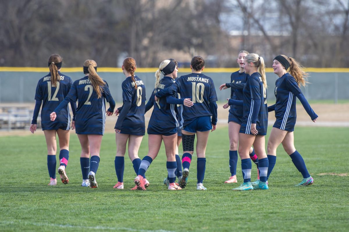 The team celebrates together after winning the game.