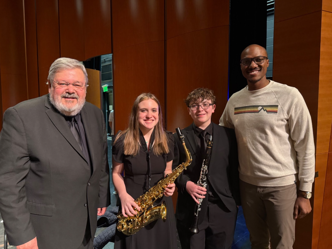 Brian Merrill (conductor, left), Ella Downey, Silas Urban, Nathan Hervey (composer, right)
