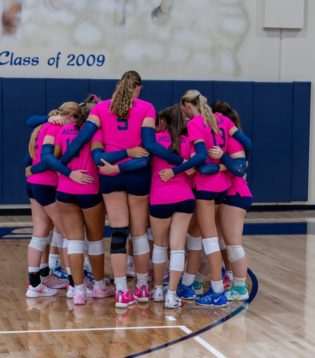 Volleyball team prays before the game starts.