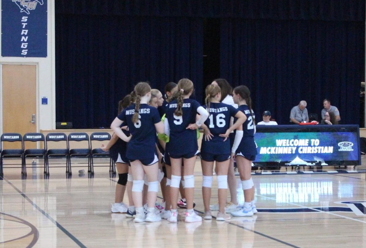 Girls huddle together to discuss the game plan for the next set.