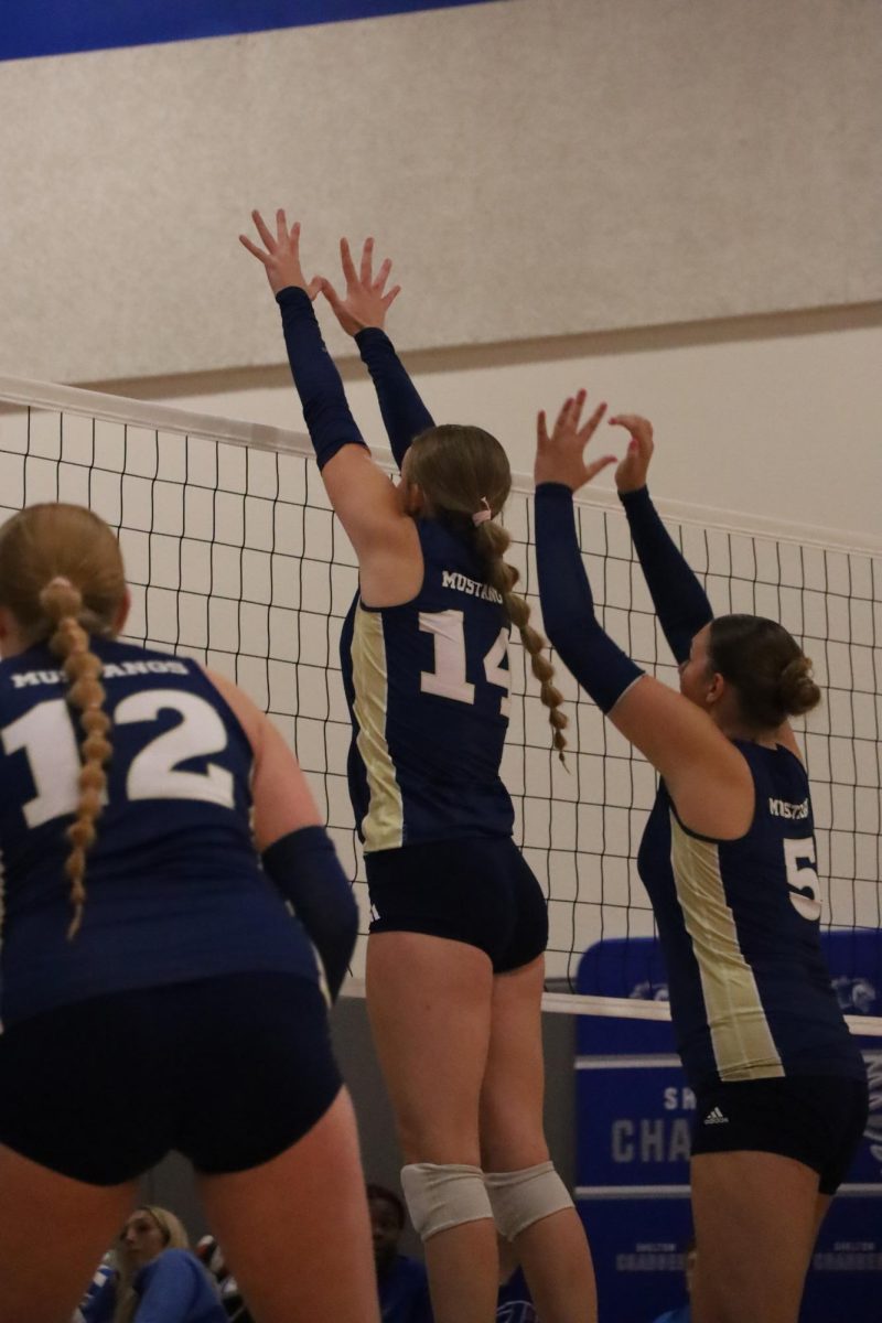 The girls jump up to block the ball.