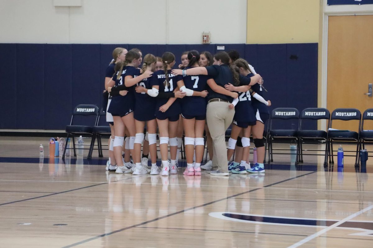 The team talking in the huddle 