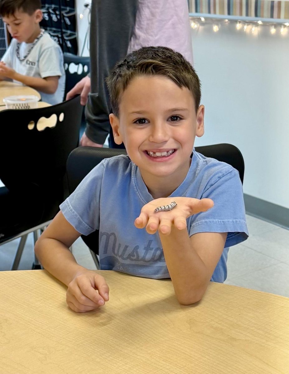 Lower Schooler holds catapilar.